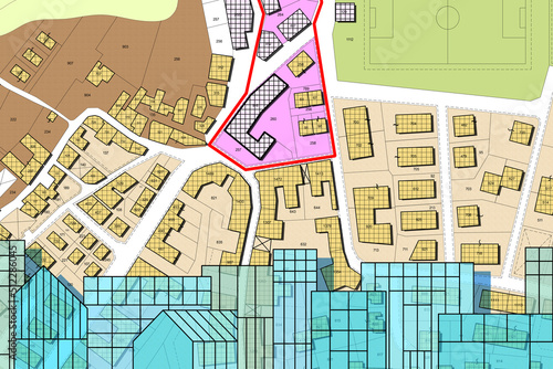 Imaginary cadastral map of territory and General Urban Plan with indications of urban destinations with buildings, roads, buildable areas and land plot with cityscape photo