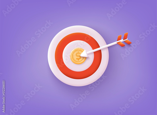 Red dart board with gold money coin and red dart. Marketing time concept. Business financial growth planning. 3D Web Vector Illustrations.