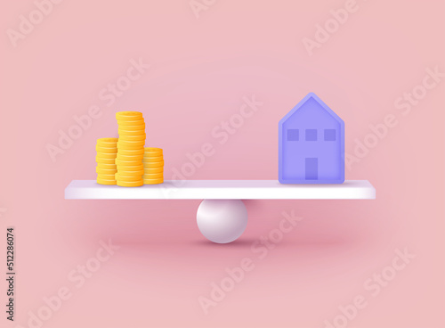 Financial home loan management concept. Coin compare house on weighing scale, financial investing, money-saving. 3D Web Vector Illustrations.