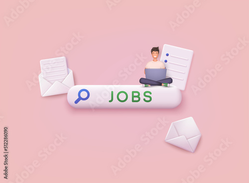 Search job concept. Searching a job on the search bar. Human resource  management and hiring concept. 3D Web Vector Illustrations.