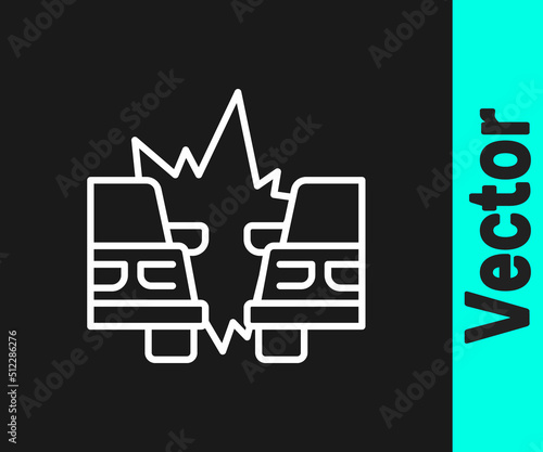 White line Car accident icon isolated on black background. Insurance concept. Auto accident involving two cars. Vector