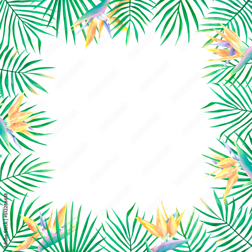 Watercolor hand drawn exotic tropical frames with palm leaves and strelitzia reginae flower isolated on white background