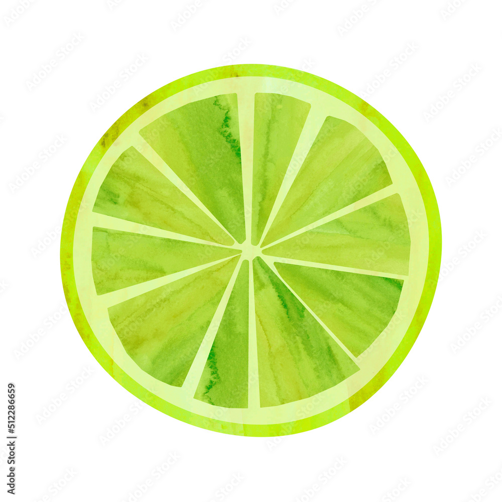 Green round lime slice isolated on white background. Watercolor illustration in collage technique. Green round lime slice isolated on white background. Watercolor illustration in collage technique.