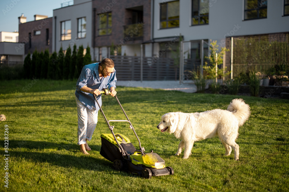 Man plays with a dog while moving lawn with a lawn mower at backyard of country house. Husband spending summer time with pet happily Man plays with a dog while moving lawn with a lawn mower at backyard of country house. Husband spending summer time with pet happily