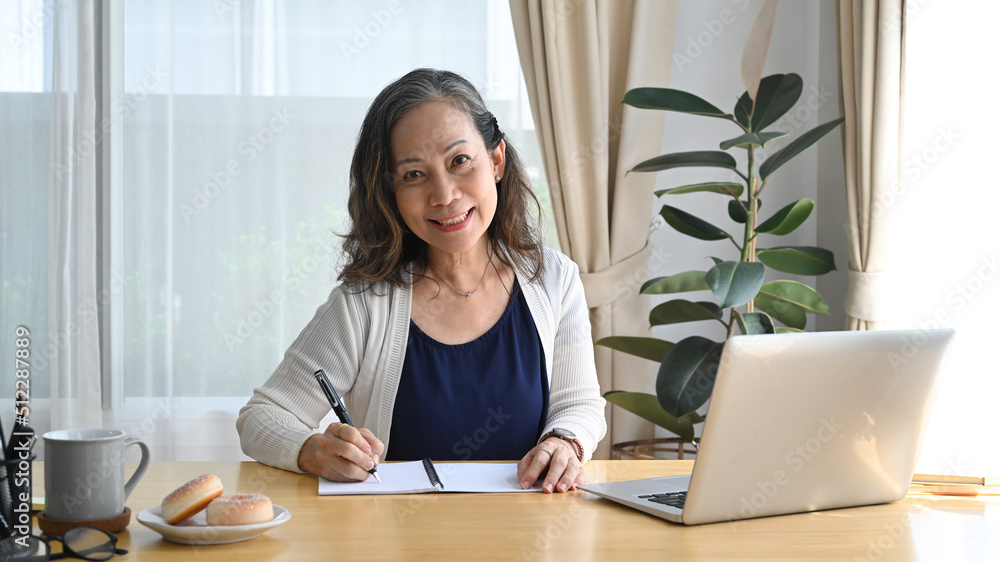 Positive middle aged woman using laptop computer while remote working from home
