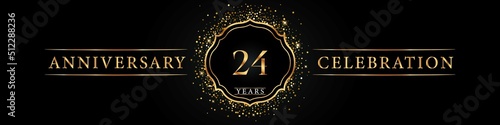 24 years golden anniversary celebration logo. Poster Design for anniversary event party, wedding, birthday party, ceremony, congratulation, greetings and invitation card. Gold Glitter Vector.