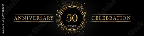 50 years golden anniversary celebration logo. Poster Design for anniversary event party, wedding, birthday party, ceremony, congratulation, greetings and invitation card. Gold Glitter Vector.