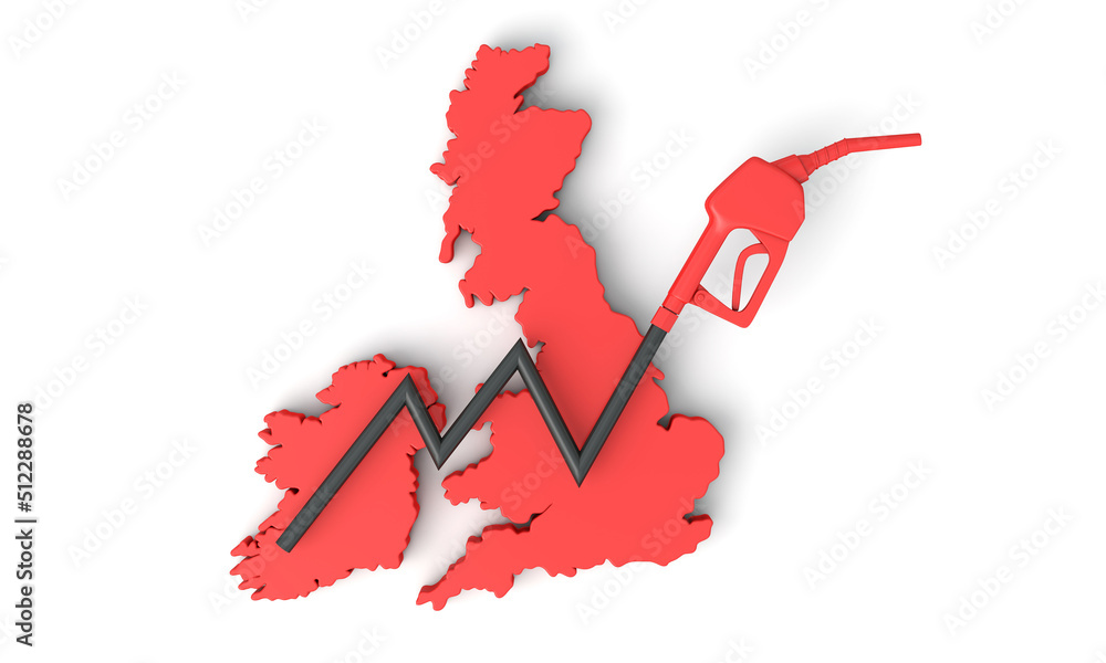 Fuel crisis in the UK. Petrol pump graph arrow with a map of the UK. 3D