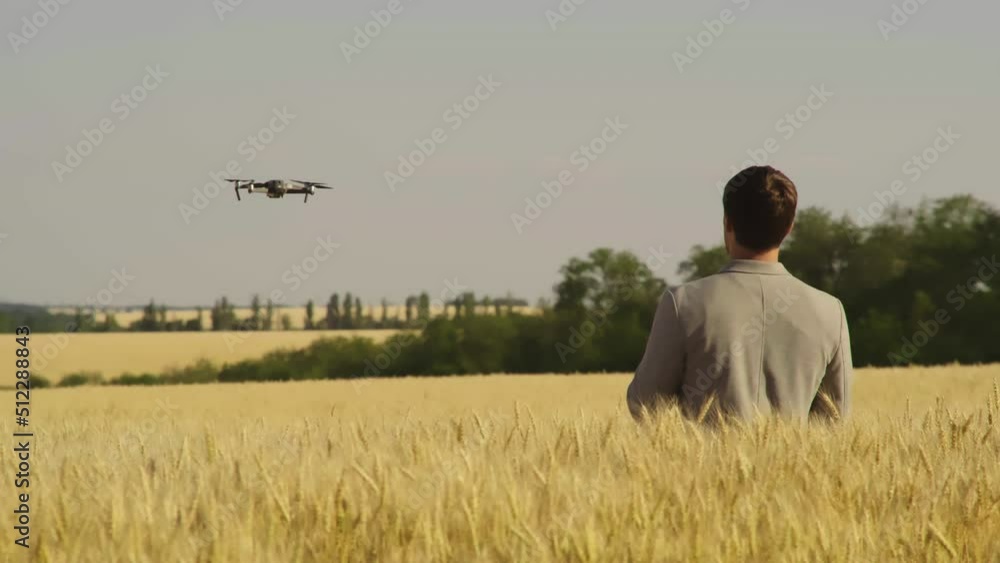 A close-up of a Ukrainian male farmer standing in a golden wheat field controlling a drone flying over the field. The farmer is using a tablet device as a controller. Technology in agriculture. A close-up of a Ukrainian male farmer standing in a golden wheat field controlling a drone flying over the field. The farmer is using a tablet device as a controller. Technology in agriculture.