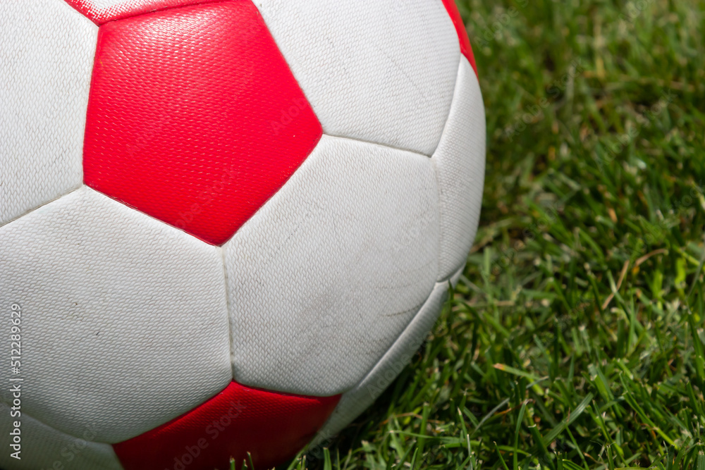Soccer ball on green grass of football field with copy space Soccer ball on green grass of football field with copy space