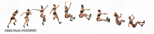 Development of movements. Collage made of images of professional female athlete in sports uniform jumping over white background. Concept of sport, action, motion, speed.