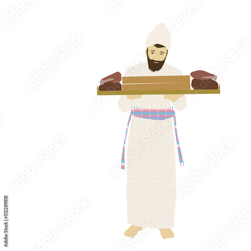 A Jewish man dressed in priestly clothes, holding in his hands a shank and breast of a lamb and two special loaves that were baked during the Temple in Jerusalem.
Colorful vector illustration