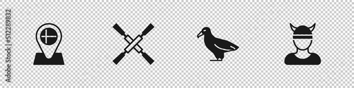 Set Location flag Iceland, Oars or paddles boat, Albatross and Viking head icon. Vector