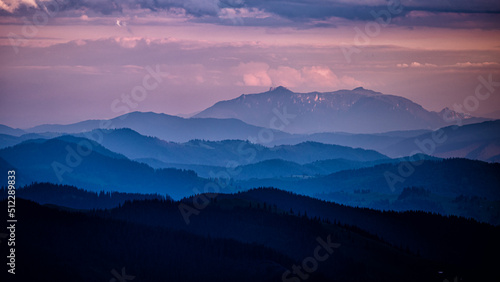 The Ceahlau Massif seen from the Rarau Mountains, Eastern Carpathians, Romania.