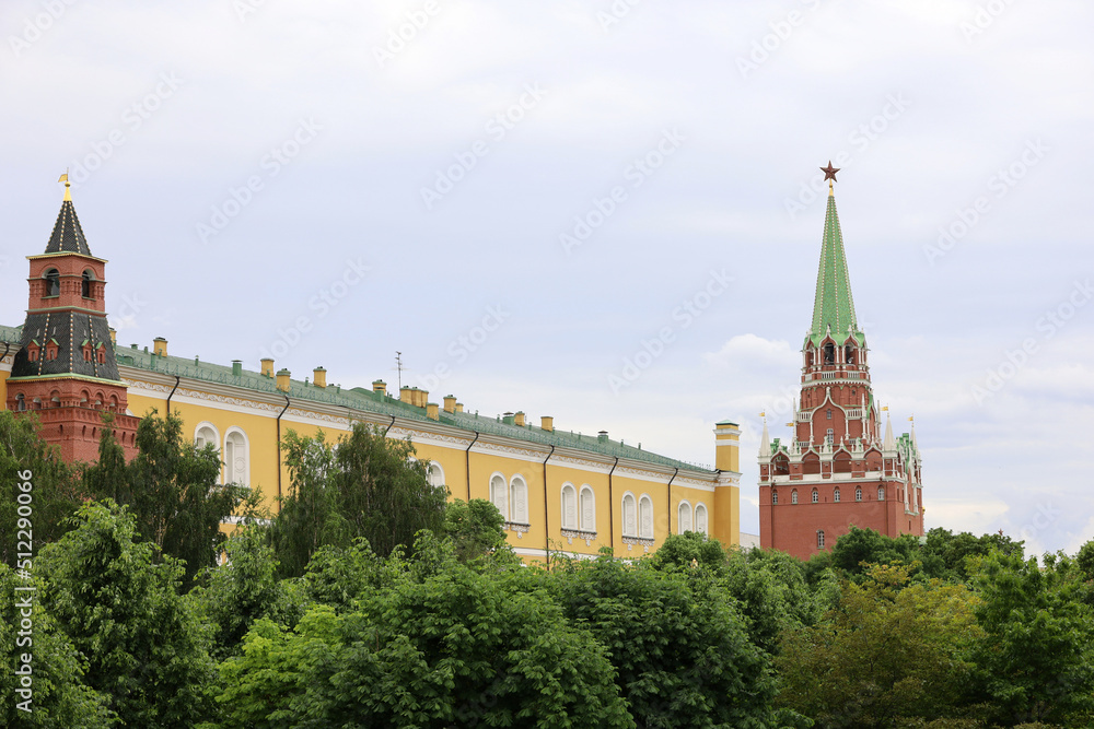 View to Kremlin towers in Moscow. Alexander garden in summer