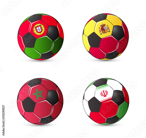 Soccer ball with the flag of the player s country. Icon set.  Portugal  Spain  Morocco  Iran