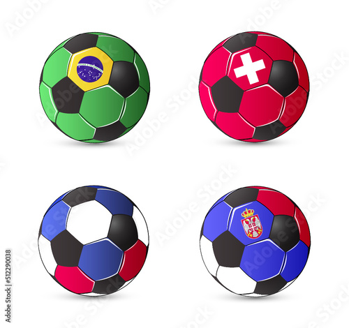 Soccer ball with the flag of the player s country. Icon set.  Brazil  Switzerland  Costa Rica  Serbia