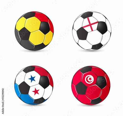 Soccer ball with the flag of the player s country. Icon set.  Belgium  England  Tunisia  Panama