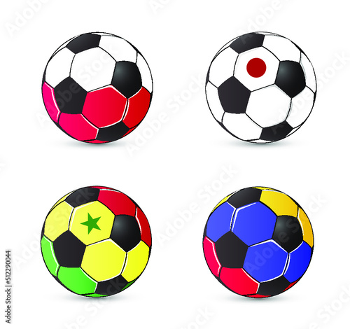 Soccer ball with the flag of the player s country. Icon set.  Poland  Japan  Senegal  Colombia