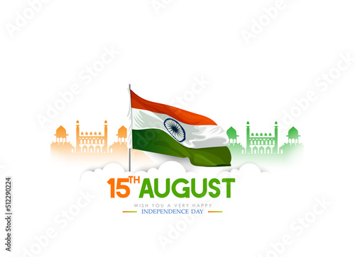 Fényképezés 15th August Happy Independence Day of India, wavy Indian flag, tricolour with Fa