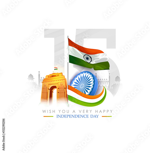Fotótapéta 15th August Happy Independence Day of India, wavy Indian flag, tricolour with Fa