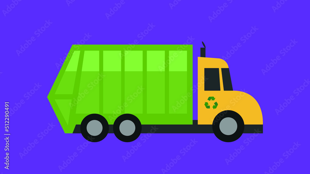 Garbage truck with yellow cab and green body