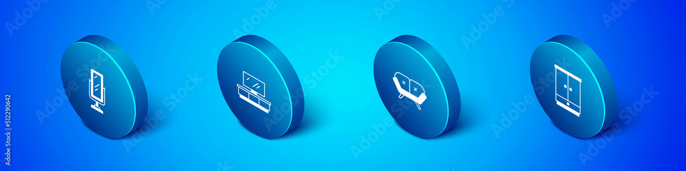 Set Isometric Big full length mirror, Sofa, Wardrobe and TV table stand icon. Vector Set Isometric Big full length mirror, Sofa, Wardrobe and TV table stand icon. Vector