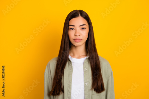 Photo of young good looking clever business lady own modern it company isolated on yellow color background © deagreez
