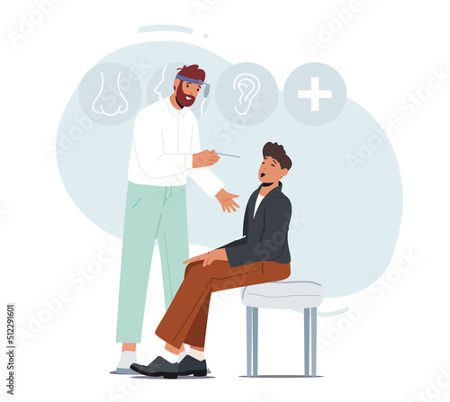 Otolaryngologist Looking Child Throat. Doctor and Kid Characters on Medical Examination. Ent Holding Instrument