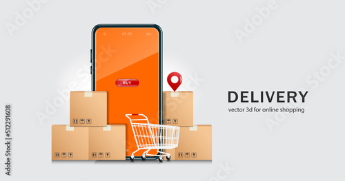 The parcel box is placed in front and behind the smartphone and a shopping cart is placed in the front,vector 3d isolated on white background for delivery and online shopping concept design