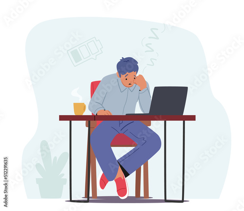 Stress, Professional Burnout Concept with Tired Man in Office. Stressed Overloaded Employee Want to Sleep at Workplace