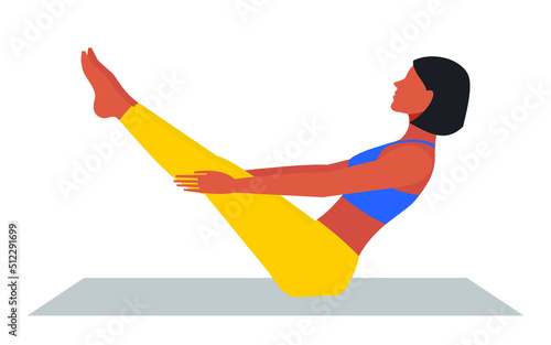 A young beautiful woman in sportswear is doing yoga on a mat strengthening the abdominal muscles. Taking care of your physical health. Vector.