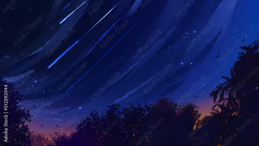 Naklejka premium night sky with aurora and falling stars meteor hig definition wallpaper