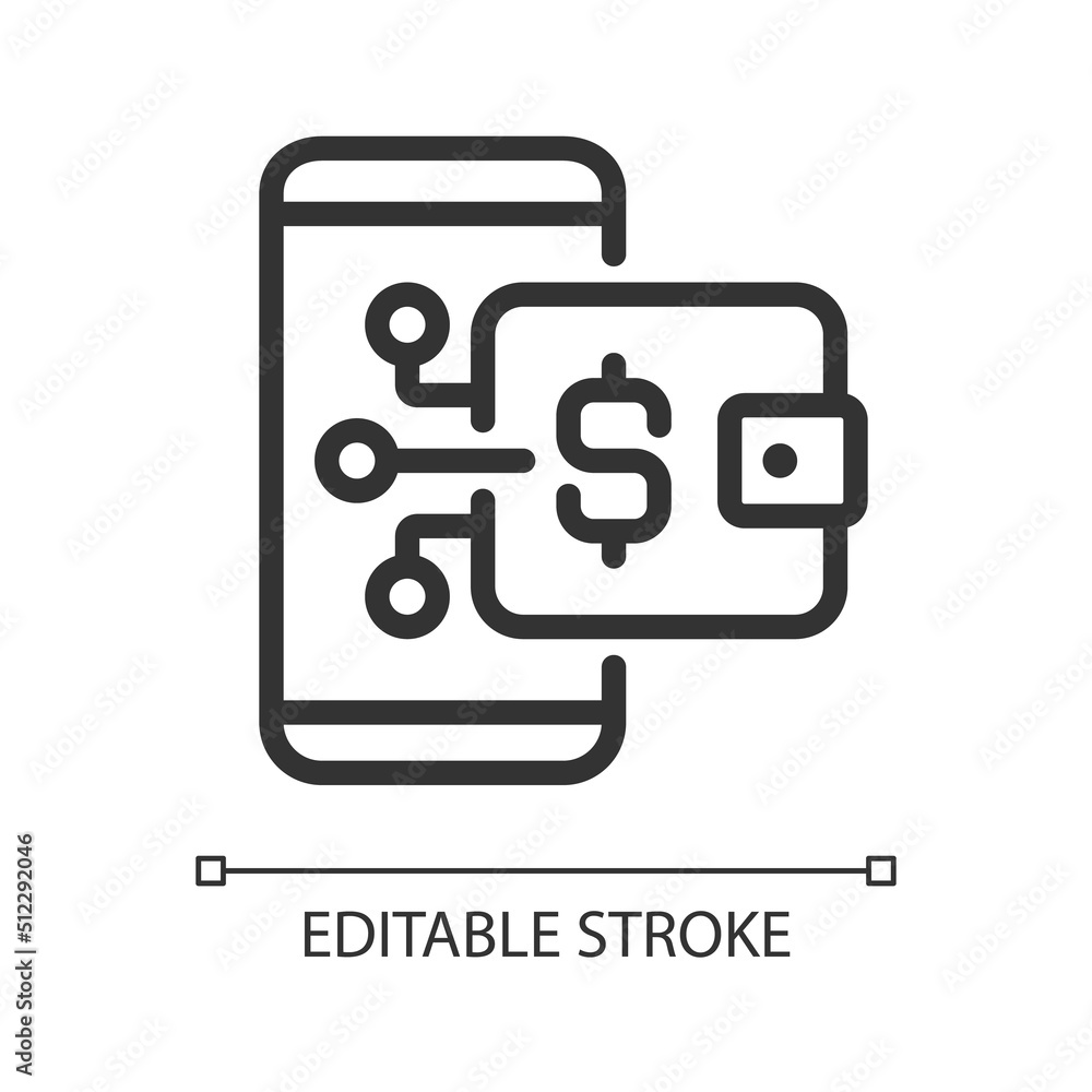 Digital wallet pixel perfect linear icon. Online payment. Wireless financial transaction. E wallet. Thin line illustration. Contour symbol. Vector outline drawing. Editable stroke. Arial font used Digital wallet pixel perfect linear icon. Online payment. Wireless financial transaction. E wallet. Thin line illustration. Contour symbol. Vector outline drawing. Editable stroke. Arial font used