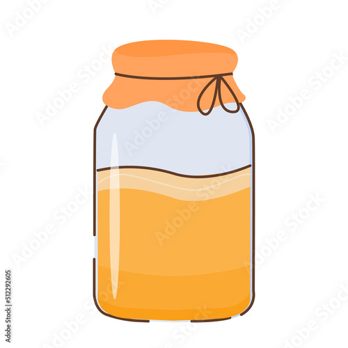 Kombucha fermented probiotic homemade drink. Tea mushroom brewing in mason jar. Healthy tea fungus drink outline colored icon. Flat style vector illustration isolated on white background.