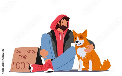 Bum with Dog Sit on Ground on Street Begging Money and Holding Cardboard Banner Will Work for Food, Homeless Unemployed
