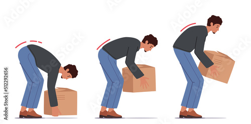 Incorrect Lift of Heavy Box Concept. Man Stand Up with Cardboard Pack in Hands. Back Safety, Injury Prevention Technique