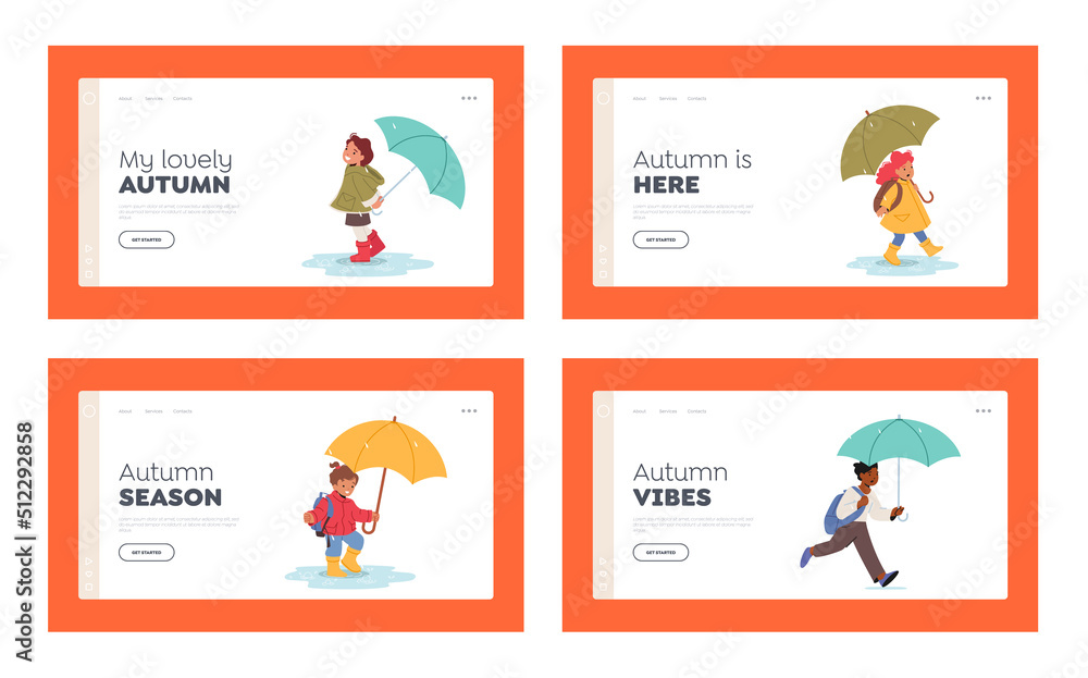 Happy Kids with Umbrellas Landing Page Template Set. Boys and Girls Characters Walking at Rainy Weather at Autumn Time Happy Kids with Umbrellas Landing Page Template Set. Boys and Girls Characters Walking at Rainy Weather at Autumn Time
