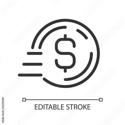 Coin in motion pixel perfect linear icon. Bank transfer payment. Send money. Digital wallet. Thin line illustration. Contour symbol. Vector outline drawing. Editable stroke. Arial font used