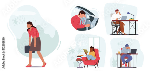 Set of Tired People, Drowsy Workers in Office, Sleepy Driver in Car, Student with Books. Overworked Characters
