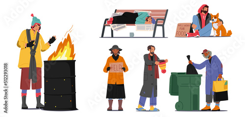 Set of Homeless People, Male and Female Beggars Characters Begging Money, Need Help and Work, Bums Living on Street