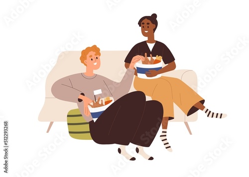 Couple of young man and woman eating fast food at home. Happy people friends relaxing on sofa with delivered takeaway fastfood together. Flat graphic vector illustration isolated on white background
