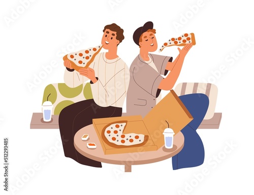 Men friends eating pizza together, sitting at table in pizzeria. Happu guys couple enjoying fast food, relaxing. People and takeaway fastfood box. Flat vector illustration isolated on white background