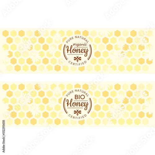 Colorful honey vector label with honeycomb. Bio, organic, natural honey and bee symbol.