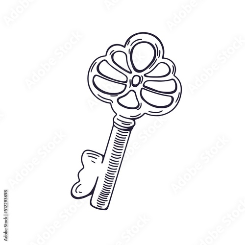 Old ornate door key in vintage retro style. Engraved drawing of ancient antiq...