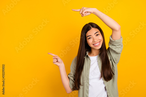 Photo of young businesswoman hr manager promote new job offer vacancy isolated on yellow color background
