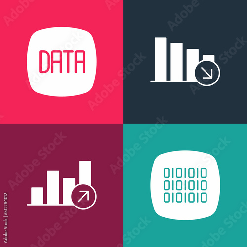 Set pop art Binary code, Financial growth, decrease and Data analysis icon. Vector
