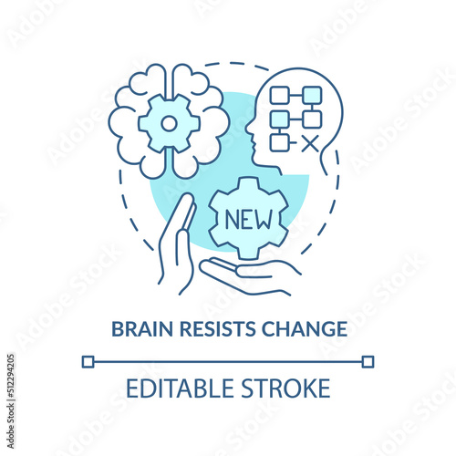 Brain resists change turquoise concept icon. Resisting changes reason abstract idea thin line illustration. Isolated outline drawing. Editable stroke. Arial, Myriad Pro-Bold fonts used