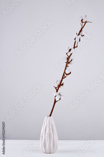 Vertical shot pussy willow twig in a white vase. Pussy willow branches with furry catkins. photo