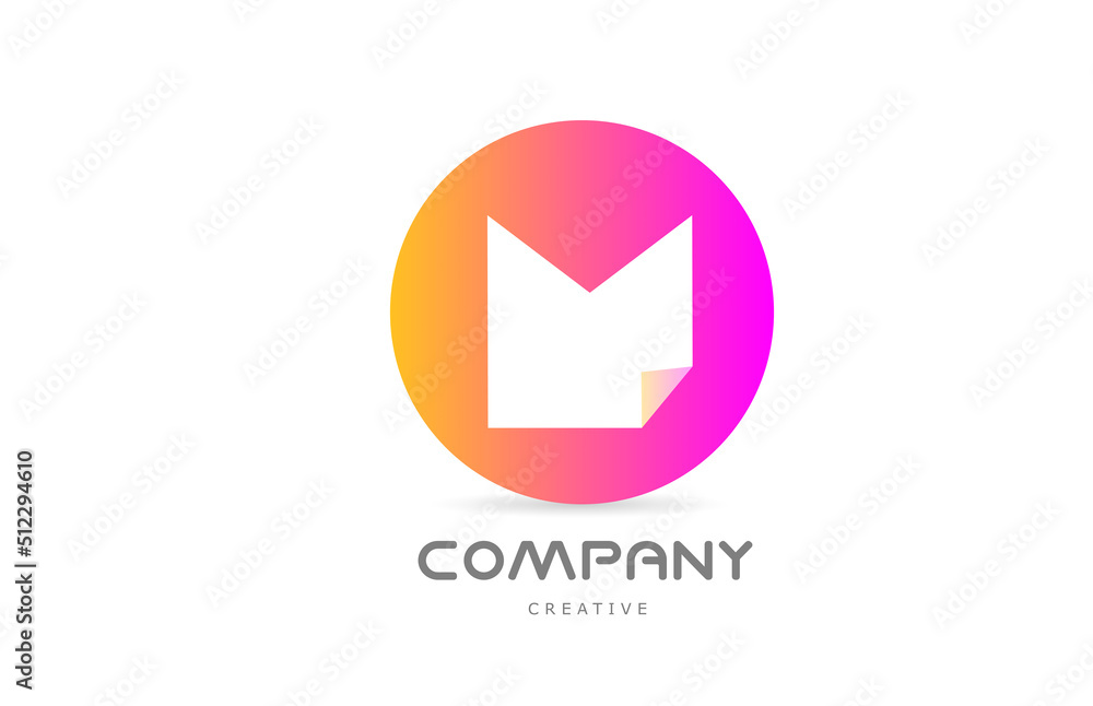 pink yellow M geometric alphabet letter logo icon design with folded corner. Template design for company or business pink yellow M geometric alphabet letter logo icon design with folded corner. Template design for company or business